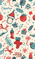 New Year's and Christmas festival seamless pattern in a 2D doodle illustrator style on pastel color backgrounds for graphic advertising.