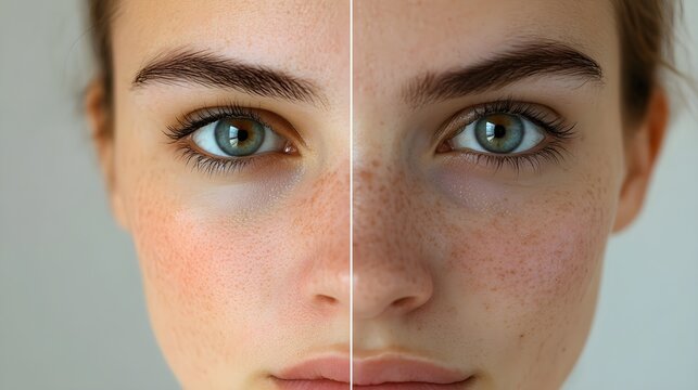 Forehead and T-zone close-up, before and after blackhead treatment, emphasizing pore size reduction and smoother surface, Photorealistic, Sharp Detail, Clean Background