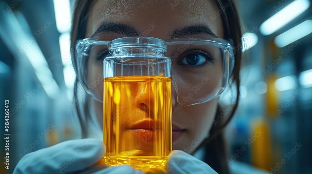 Poster biotech researcher using advanced computer software. the scientific experiment room is full of instr