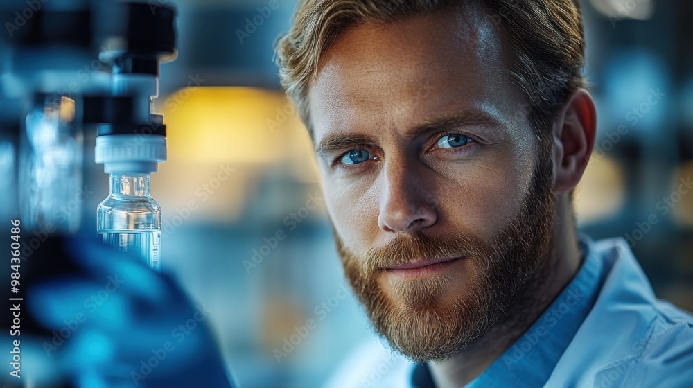 Poster biotech researcher using advanced computer software. the scientific experiment room is full of instr