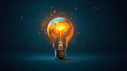 Light bulb with a globe, global impact of ideas on growth, flat design illustration, isolated on background