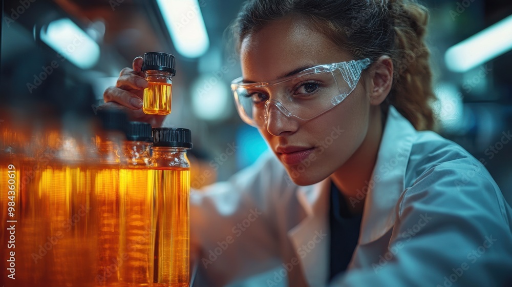 Poster biotech researcher using advanced computer software. the scientific experiment room is full of instr