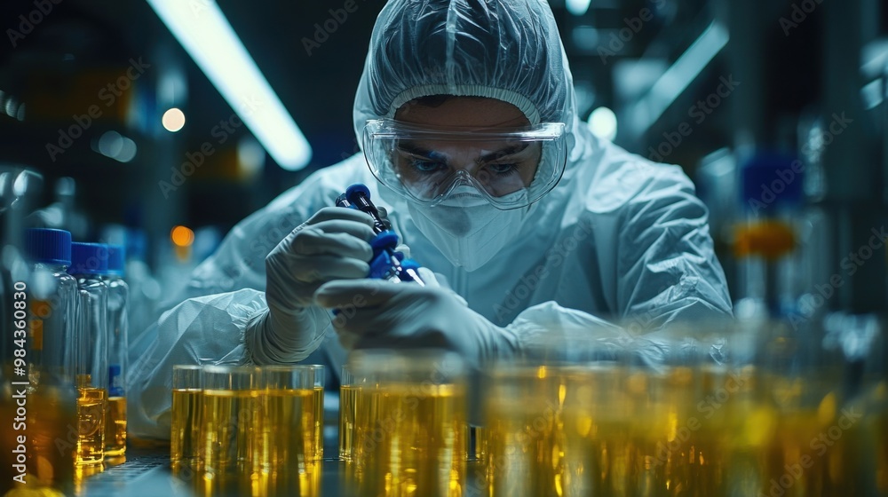 Poster biotech researcher using advanced computer software. the scientific experiment room is full of instr