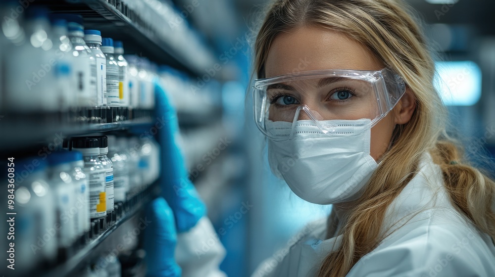 Poster biotech researcher using advanced computer software. the scientific experiment room is full of instr