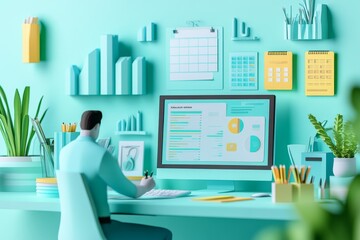 Side view of 3D business icon concept, made from paper craft. Group of business  people are working and meeting , all made from paper,