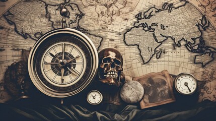 An antique nautical scene with a vintage compass, skull, and ancient maps, evoking a sense of maritime adventure and history's mysteries.