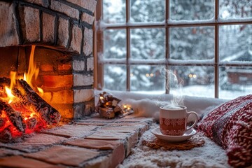 Cozy Winter Scene with a Cup of Hot Drink, Fireplace, and Snowy Window View