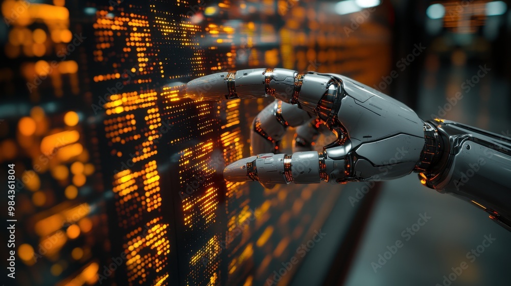 Poster illustration of a virtual robot in a stock trading area controlled by a robot under modern technolog