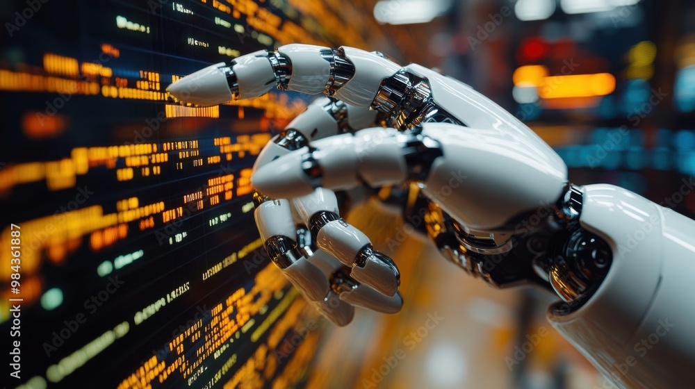 Poster illustration of a virtual robot in a stock trading area controlled by a robot under modern technolog