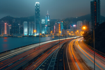 Fototapeta premium City Night Lights: Urban Skyline and Traffic Trails at Dusk
