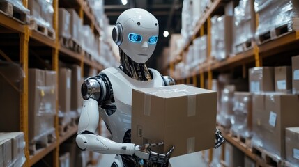 Humanoid robot working in a futuristic warehouse carrying boxes