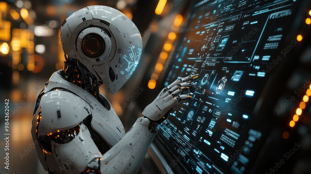 Poster illustration of a virtual robot in a stock trading area controlled by a robot under modern technolog