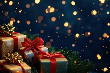 Christmas Presents with Gold and Red Ribbons Against a Blue Bokeh Background