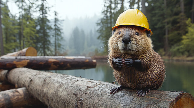 a beaver in a yellow construction helmet stands on a log dam