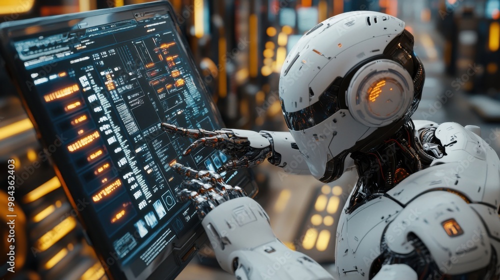 Poster illustration of a virtual robot in a stock trading area controlled by a robot under modern technolog