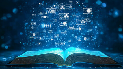 Digital transformation concept, an open book with data charts and futuristic diagrams rising from its pages