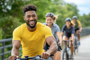 Fototapeta premium A cheerful cyclist in a yellow shirt rides in a group on a scenic path, promoting active lifestyle and outdoor enjoyment.