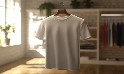 White t-shirt hanging on a hanger in a room.