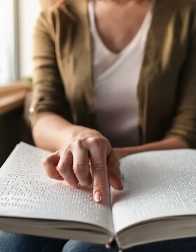 Primer plano de una mujer ciega leyendo un libro en braille; centrado en sus manos y el texto.