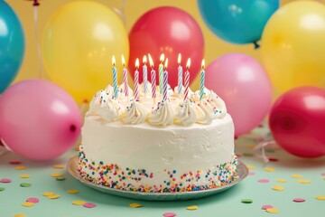 Birthday cake and balloons on pastel coloured background.