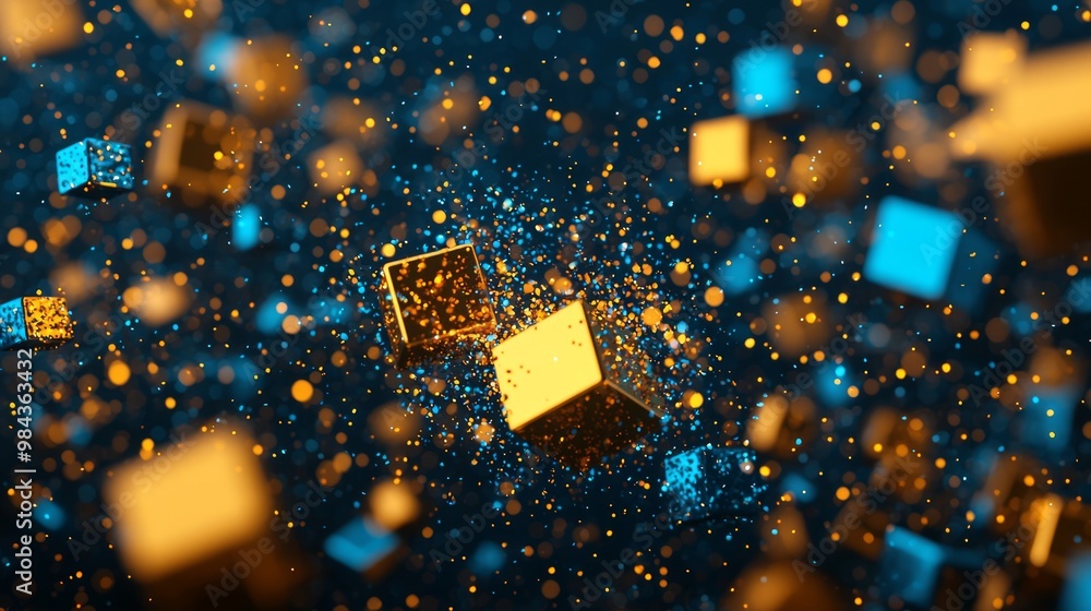 Wall mural a series of floating, glowing cubes gradually disintegrating into particles of light, symbolizing th