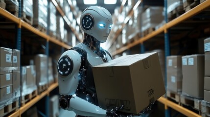 Humanoid robot working in a futuristic warehouse carrying boxes