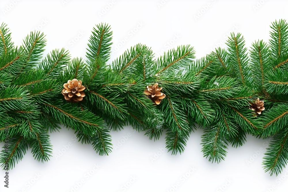 Poster a long line of evergreen trees with brown pine cones on them. the pine cones are scattered throughou