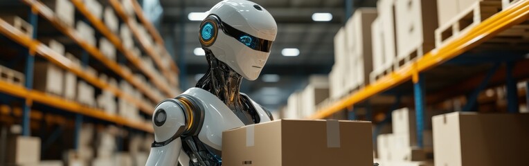 Fototapeta premium Humanoid robot working in a futuristic warehouse carrying boxes