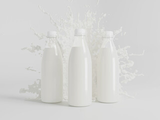 3d render plastic milk bottle with splashes