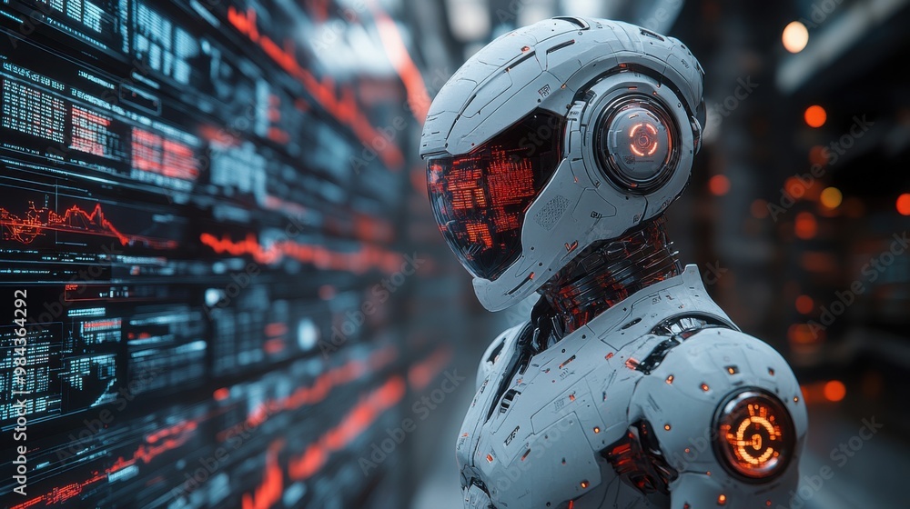 Poster illustration of a virtual robot in a stock trading area controlled by a robot under modern technolog