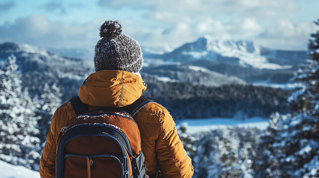 A person takes a moment to admire the view from a mountaintop after a rewarding winter hike, capturing the beauty of the snowy landscape