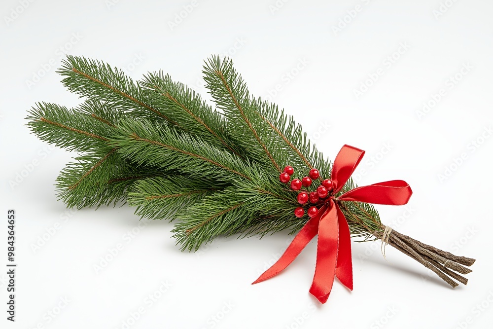 Poster a red ribbon is tied around a pine tree branch. the pine tree branch is green and has berries on it
