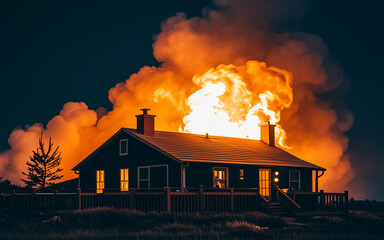 An American house on fire in the suburbs; a house is engulf in a large fire and flame is burning the roof; disaster photography; American homes are prone to fire disaster due to wildfire and weather