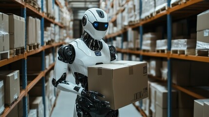 Humanoid robot working in a futuristic warehouse carrying boxes