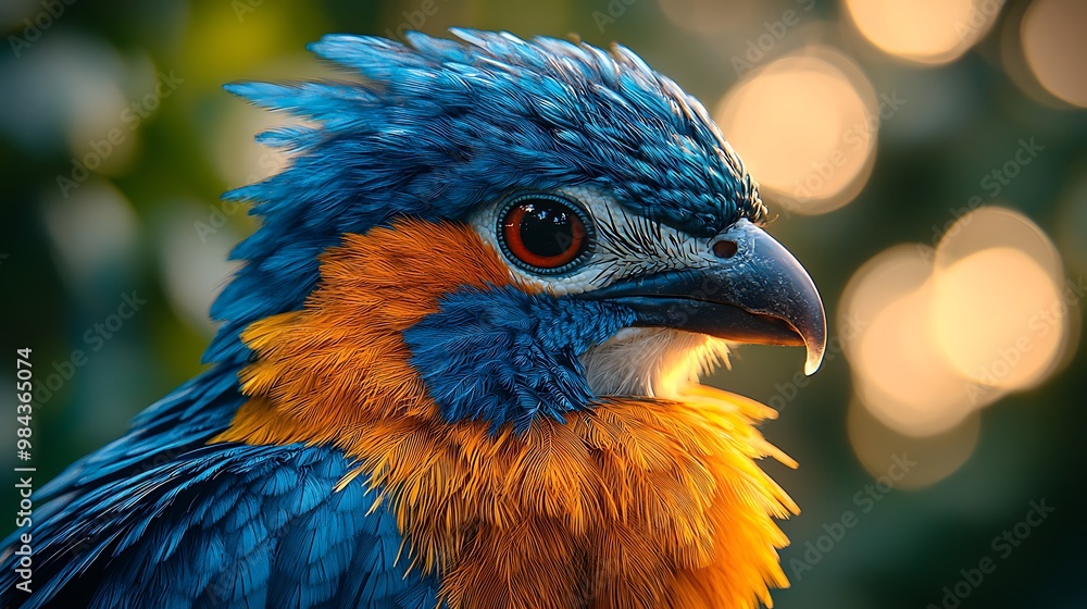 Poster a close-up portrait of a colorful bird with blue, orange, and white feathers, looking to the right. 