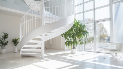 A modern white spiral staircase, bathed in natural sunlight, creates a striking architectural feature within a spacious, minimalist interior.