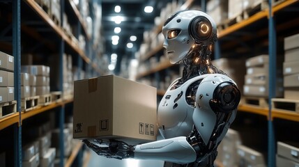 Fototapeta premium Humanoid robot working in a futuristic warehouse carrying boxes