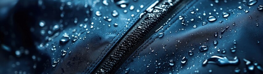 Close-up of a waterproof fabric with raindrops, showcasing texture and detail in a rich blue color.
