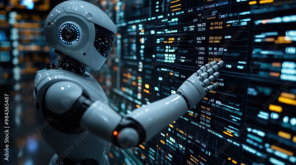 Poster illustration of a virtual robot in a stock trading area controlled by a robot under modern technolog