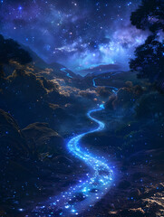 Obraz premium Imagine a captivating night scene with a dazzling starry path flowing through a magical realm under a sparkling sky. Perfect for crafting mystical landscapes and sparking wonder
