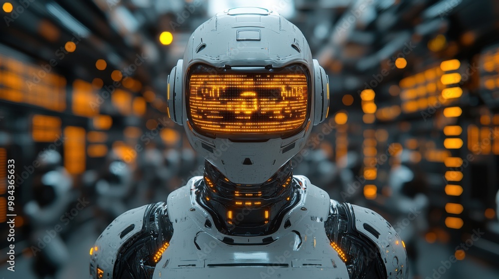 Poster illustration of a virtual robot in a stock trading area controlled by a robot under modern technolog