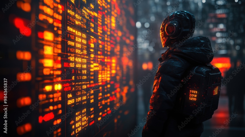 Poster illustration of a virtual robot in a stock trading area controlled by a robot under modern technolog