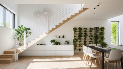 A minimalist, light-filled living space featuring a sleek staircase, modern furniture, and ample greenery, creating a serene and stylish ambiance.