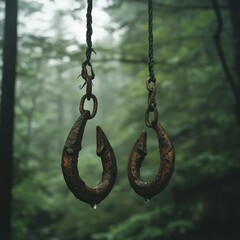 Obraz premium Rusty hooks dangle from a chain in a lush, foggy forest, creating a mysterious and rustic atmosphere for any nature-themed project.