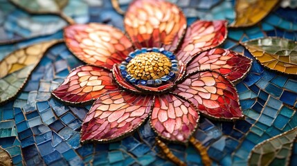 Vibrant mosaic featuring a detailed flower design, combining colorful tiles to create an artistic and captivating floral arrangement.