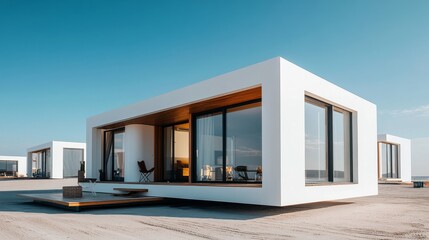 Modular cube home with white smooth exterior, geometric shapes, recessed doorways, captured in bright natural daylight, minimalist design, photographic realism