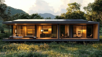 Obraz premium Modular eco-home with rooftop solar panels, wood accents blending with concrete, minimalistic design, surrounded by nature, warm sunset glow, realistic style, soft shadows