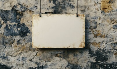 Blank sign hanging on a weathered wall.