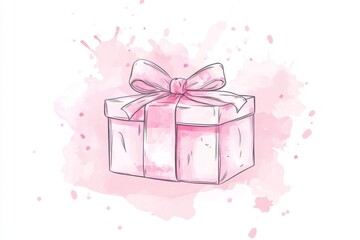 This charming line art of a gift box with an elegant bow and soft pink watercolor splashes is perfect for digital or print designs for any occasion, like birthdays, weddings, or festive events