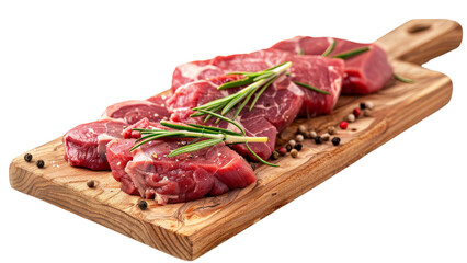 Fresh raw meat slices and cuts with rosemary and pepper arranged on a wooden board, isolated against a white background, focusing on the freshness and visual appeal